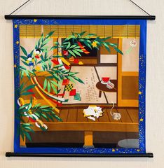 七夕飾り【7月 みけの七夕】軸付きタペストリー 七夕祭り 猫壁飾り 三毛猫 四季彩布タペストリー 季節のタペストリー 初夏飾り 新品未使用品 日本製