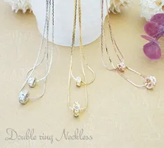 2連ネックレス ストーンをたっぷり埋め込んだWリングチャーム 小粒 2連ベビーリングネックレス ショートネックレス 重ねづけ風 アジャスター3cm シルバー ゴールド ピンクゴールド 日本製   春夏秋冬 大人気