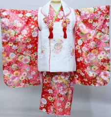 七五三 三歳 女児 被布着物フルセット 被布に刺繍入り 伊達襟付き 合繊 祝着 三才 3才 3歳 女の子 お仕立て無料 NO37676