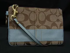 ■美品■ COACH コーチ 40028 シグネチャー キャンバス ポーチ 小物入れ マルチケース リストレット ブラウン系×ブルー系 DI8025
