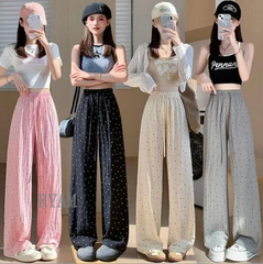 ワイドパンツ ドット柄 涼しい 夏 パンツ レディース ストレートワイドパンツ 水玉柄 パンツ ウエストゴム ロングパンツ ズボン ボトムス ギャザーのデザイン バギーパンツ yinian01