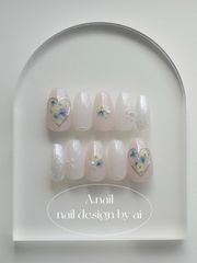 ハートミラー×リボンのドライフラワーネイル💐（Blue）