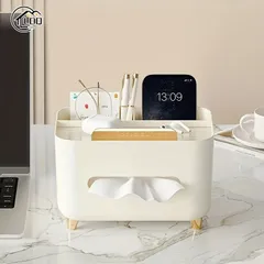 LDQ マルチファンクショナルデスクオーガナイザーチッシュボックスとリモコン収納 - スリーククリームデザイン、磨き上げた仕上がり、ホームオフィスデスク整理用の3つのコンパートメント、ワークスペースをすっきりと整頓