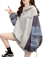 Dep Club 異素材xゆったり レディースパーカー オーバーサイズ デニム 薄手 長袖 大きいサイズ フード オフショルダー トップス 春 秋 冬 春秋 春服 春物 韓国(グレー,  L)