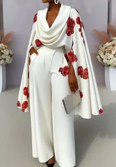 【高級感セットアップ】花柄ケープ付きパンツスーツ レディース フォーマル 長袖 ワイドパンツ 結婚式 パーティードレス