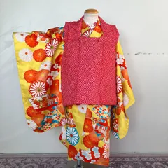 七五三　3歳女の子着物　黄色　長襦袢　被布　中古　セミアンティーク　きもの猫田　T344h