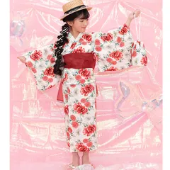 Bee 浴衣3点セット◇白地×モダン牡丹◇子供服 キッズ 女の子 花火大会 夏祭り 夏 100 110 120 130 140 150のサムネイル