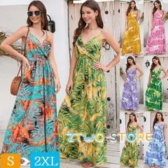 ハワイ リゾートワンピース マキシ丈 Vネック ノースリーブ 花柄 総柄 背中開き Aライン 体型カバー 夏ワンピ673