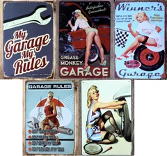 【ラスト1点】レトロ雑貨 壁掛けプレート インテリア 5枚セット アメリカン美女 (garage/車) ［ドナリー］ブリキ看板