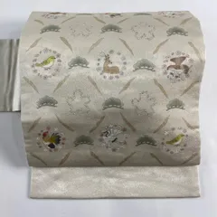 名古屋帯 美品 逸品 落款 松 動物 箔 ベージュ 正絹 【中古】