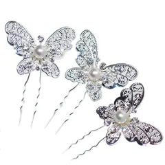 髪飾り Ｕピン 可愛い かんざし 簪 キラキラ パール ラインストーン 蝶 3点セット 黒留 訪問着 フォーマル 327-205 s976