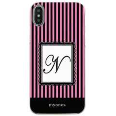 【新品未使用】iPhone11 Pro Max アイフォン11プロマックス クリア ハードケース ( ストライプピンク  イニシャルN ) ボーダー ストライプ イニシャル アルファベット