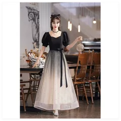 ★パーティードレス ドレス ロングドレス ブラック M 袖あり 大人 発表会 演奏会 結婚式 イベント お呼ばれ 可愛い フェミニン ml169ze