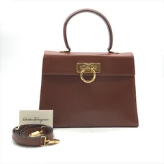 良品 Ferragamo フェラガモ ガンチーニ 2WAY ハンド ショルダー バッグ レザー ゴールド金具 ブラウン レディース a6937