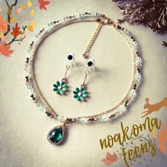 ❤️SALE❤️  noakoma teens＊ Autumn color - green キッズイヤリング + W キッズ ネックレス セット ＊ キッズアクセサリー 女の子 プレゼント 秋 グリーン ティーンズ