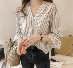 ストライプ ブラウス Vネック 七分袖 リボン袖 シャツ きれいめ トップス レディース 体型カバー 着痩せ 春夏秋 オフィス 通勤 カジュアル [1090]
