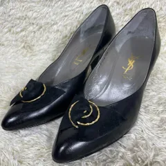 イヴサンローラン　パンプス　レザー　ブラック　リボン　ゴールド金具　36.5
