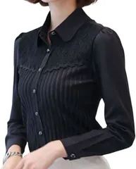 Elixio エリクシオ ブラウス シャツブラウス レディース レース 暖かい あったか 裏起毛 ストライプ 長袖 厚手 保温 秋 冬 春 襟つき 上品 おしゃれ オフィス 事務服(ブラック,  2XL)