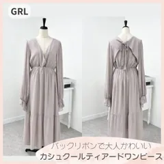 【春夏にぴったり】GRL カシュクールワンピース ティアードデザイン バックリボン付き 裏地あり 大人可愛い パーティー ドレス フレア袖 おしゃれ きれいめ