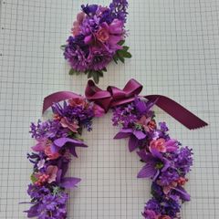 レイとヘアクリップのセット　フラダンスなどに　紫系　パープル　お花のレイ　造花