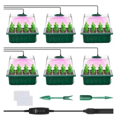 lanzoub 育苗ポット 育苗トレイ 6個セット 72穴 植物育成ライト付き 育苗箱 種まきポット トレー 高さ16cm 透明カバー 発芽育苗器 発芽育苗セット 育苗ボックス 種子トレイ 苗箱 ライト 移植ツール2個 植物ラベル20枚付き 種まきハウス 湿