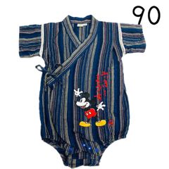 古着 Disney ミッキーマウス 甚平 90  和服 和風 ストライプ 紺色  ロンパース 男の子 中古 子供服 フォロー C201
