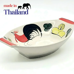 タイ直輸入🛩️鶏柄🐓ランパーン陶器 舟形 おしゃれ🍽️お皿 ハンドメイド カレー皿 お皿 食器 デザイン皿 セラミック 陶磁器 新品 未使用
