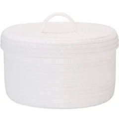 【新着商品】Sea Team コットンロープバスケット 収納バスケット 収納ボックス バスケット 洗濯かご ふたつき 折りたため ナチュラル コットンロープ 小物入れ 靴下パンツ収納 装飾用 おしゃれ かわいい (円形 ホワイト 30×30×17cm)