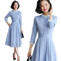 ワンピース 夏 レディース 長袖 ロングワンピ ストライプ レース付き 春 夏 秋 ミディアム丈 七分袖 シャツワンピース フリルワンピース Aライン コットン 立ち襟 送料無料 ゆったり 体型カバー#luyy390