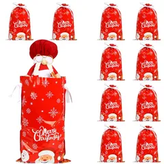 CINECE クリスマス ラッピング 巾着 袋 42.6×28.9CM 10枚セット らっぴんぐ バッグ プレゼント パーティー 用 包む 休日 小物 包装 お菓子 リボン付き アルミホイル (レッド)