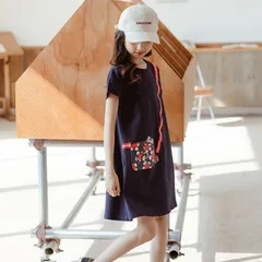 送料無料 ネイビー プリント Tシャツ ワンピース 半袖 韓国子供服 女の子 キッズ ガールズ ふんわり かわいい カジュアル 120cm 130cm 140cm 150cm 160cm