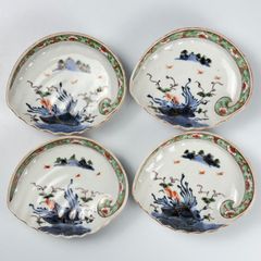 811 色絵　海藻　鮑　古伊万里　伊万里焼　骨董　アンティーク　中皿　変形皿　4客セット