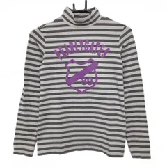 【美品】パーリーゲイツ 長袖ハイネックシャツ ライトグレー×グレー ボーダー ビッグプリント レディース 0(S) ゴルフウェア PEARLY GATES