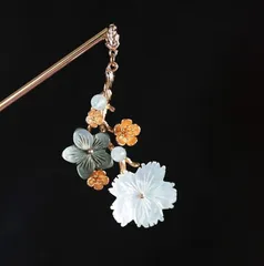 蝶貝細工シェルフラワーの花枝　かんざし　簪　和装髪飾り　ヘアアクセサリー