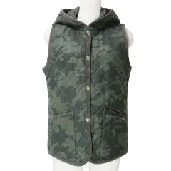 ラベンハム LAVENHAM 美品 カモフラ フード付き キルティング ベスト 中綿 前開き 迷彩 ウール パイピング 36 S相当 緑 グリーン IBO64 X