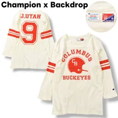 【別注】 チャンピオン Champion x バックドロップ Backdrop COLUMBUS BUCKEYES カレッジロゴ 3段 7分袖 フットボール Tシャツ トップス カットソー アメカジ M ホワイト メンズ