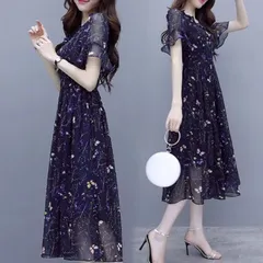 ワンピース レディース 花柄 マキシ丈 シフォン Vネック リボン フレア 半袖 タック ハイウェスト 大人 可愛い 体型カバー ふんわり オシャレ 通勤 デート お出掛け 旅行 リゾート 夏guisg01