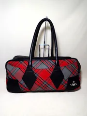 ヴィヴィアンウエストウッド Vivienne Westwood ミニボストン バッグ 　赤系 キャンバス チェック柄 ロゴ プレート