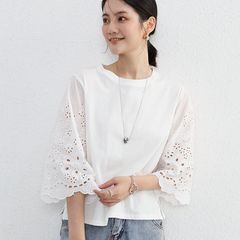 夏秋兼用 新作ジャパニーズスタイル レース＆クロシェトップス 花びらフラッパースリーブ 綿混 レディースセミクルーネックゆったりネックライン夏秋 レーストップス夏の涼やかコーデ必須アイテム　2色選択可能