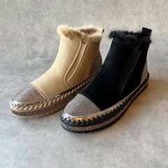 ビジュー付きフェイクムートンブーツ　ブラックL