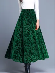 【グリーン】フレアスカート ロングスカート フレア レディース ロング丈 ベロア調 ジャカード 花柄 体型カバー 上品 きれいめ 秋冬 通勤 デート エレガント ファッション