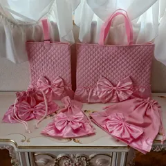 【姫系】入園入学 通園バッグ5点セット ピンク×ピンク リボン フリル かわいい