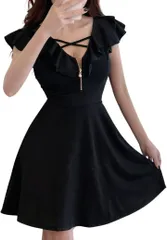 COCO&YUKA(ココアンドユカ) フリル セクシー ハーフ ジップ ミニ フレア ワンピース キャバ 嬢 ドレス オフショルダー 半袖 タイト Aライン 胸 クロス チャック ミニワンピ( ブラック,  S)