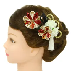 髪飾り 成人式 つまみ細工 赤 振袖 前撮り 袴 花 2点セット 白 ゴールド ベージュ 黒 ちりめん 房 房付き 組紐 和柄 かんざし No.9-2955