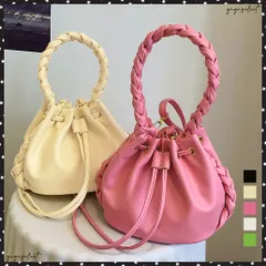 ショルダーバッグ レディース 巾着バックPUレザーバケツバック 編み持ち手 オフィスカジュアル ハンドバッグ 韓国手提げバッグ コンパクト 小さめ斜め掛けバッグお洒落肩掛けバッグ 可愛い ミニトート 2WAY鞄 小さめ