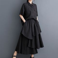 モード系  セットアップ  個性的なデザイン  レイヤード 上下セット お洒落  ニューデザイン  黒  ブラック アシンメトリーデザイン  スカート シャツ＆Aラインスカートセット 2点 1色