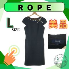 【美品】ROPE ロペ ワンピース 膝丈 ボートネック リボン 半袖 きれいめ レディース ブラック 日本製