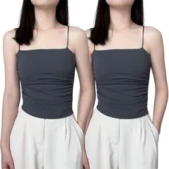 YasYouRi キャミソール カップ付き ブラトップ 2枚セット スパゲッティストラップ 見せキャミ 柔らかい 伸縮性 タンクトップ 吸汗速乾 無地 インナー 袖なし 見せる(チャコールグレーxチャコールグレー,  Free Size)