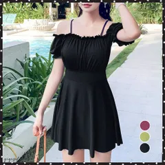 オフショルダー ワンピース水着 韓国風露出控えめ水着 ハイウエスト スイムウェア パフスリーブ ママ水着 体型カバー オールインワン水着 ショートパンツ付き可愛い水着 新作 黒水着 人気 流行 ワンピ海水浴女の子