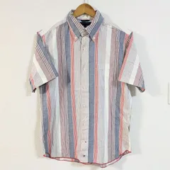 日本製◎(^w^)b TOMMYHILFIGER トミーヒルフィガー 半袖 シャツ カジュアル ストライプ柄 おしゃれ 着回し 刺繍 ロゴ 大人コーデ ボタンダウン 重ね着 綿100% 赤 グレー サイズM